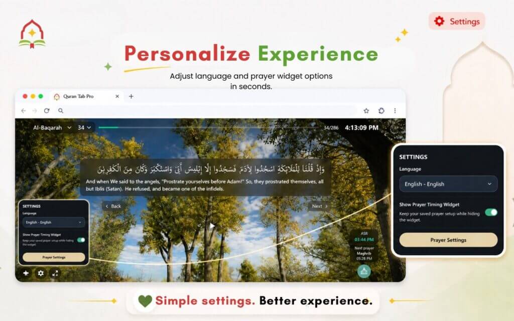 Quran Tab Pro: Daily Ayahs in New Tab